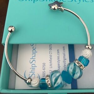 Stainless steel and art glass bangle bracelet- blue